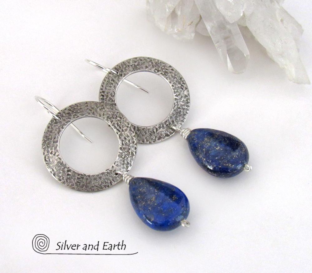 Modern Sterling Silver Earrings with Blue Lapis Lazuli Gemstones