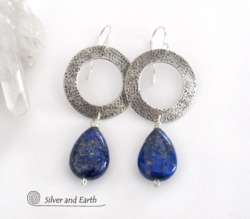 Modern Sterling Silver Earrings with Blue Lapis Lazuli Gemstones