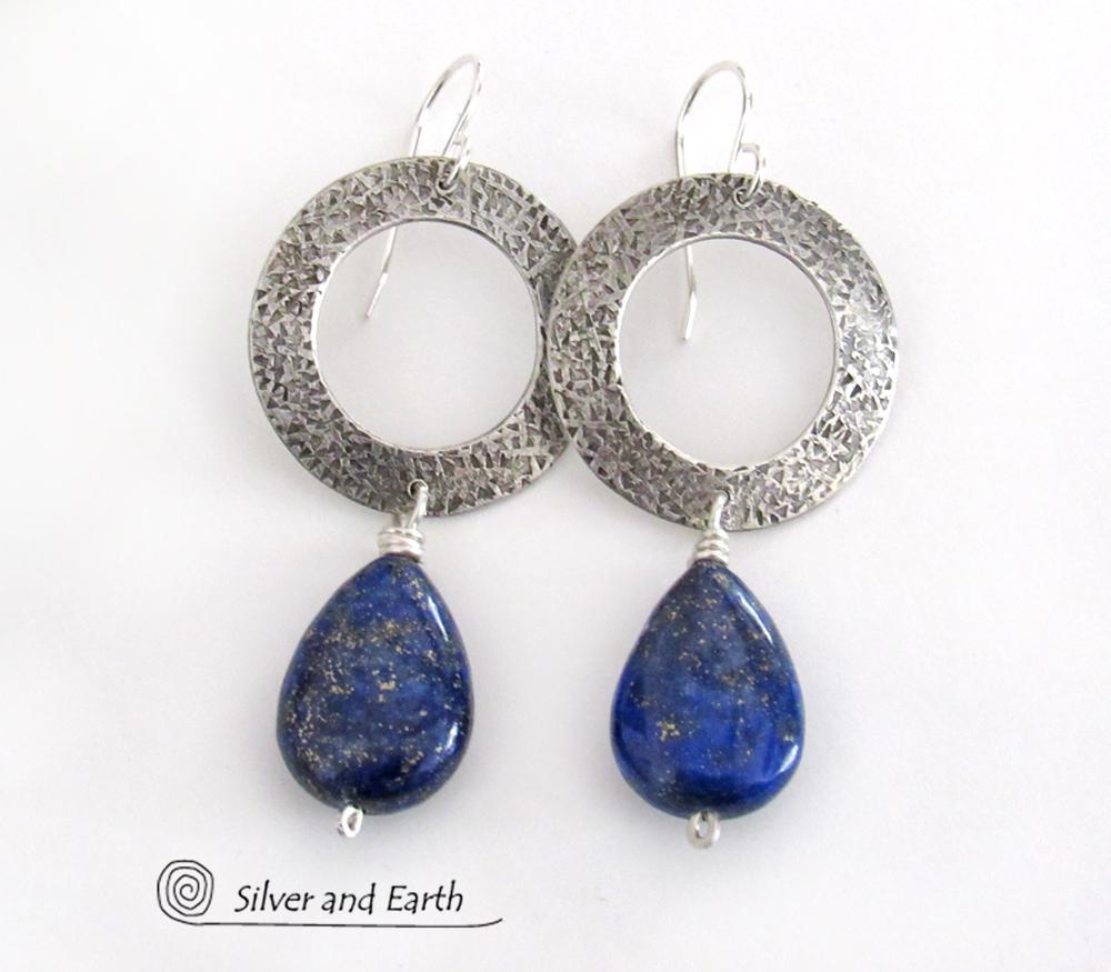 Modern Sterling Silver Earrings with Blue Lapis Lazuli Gemstones