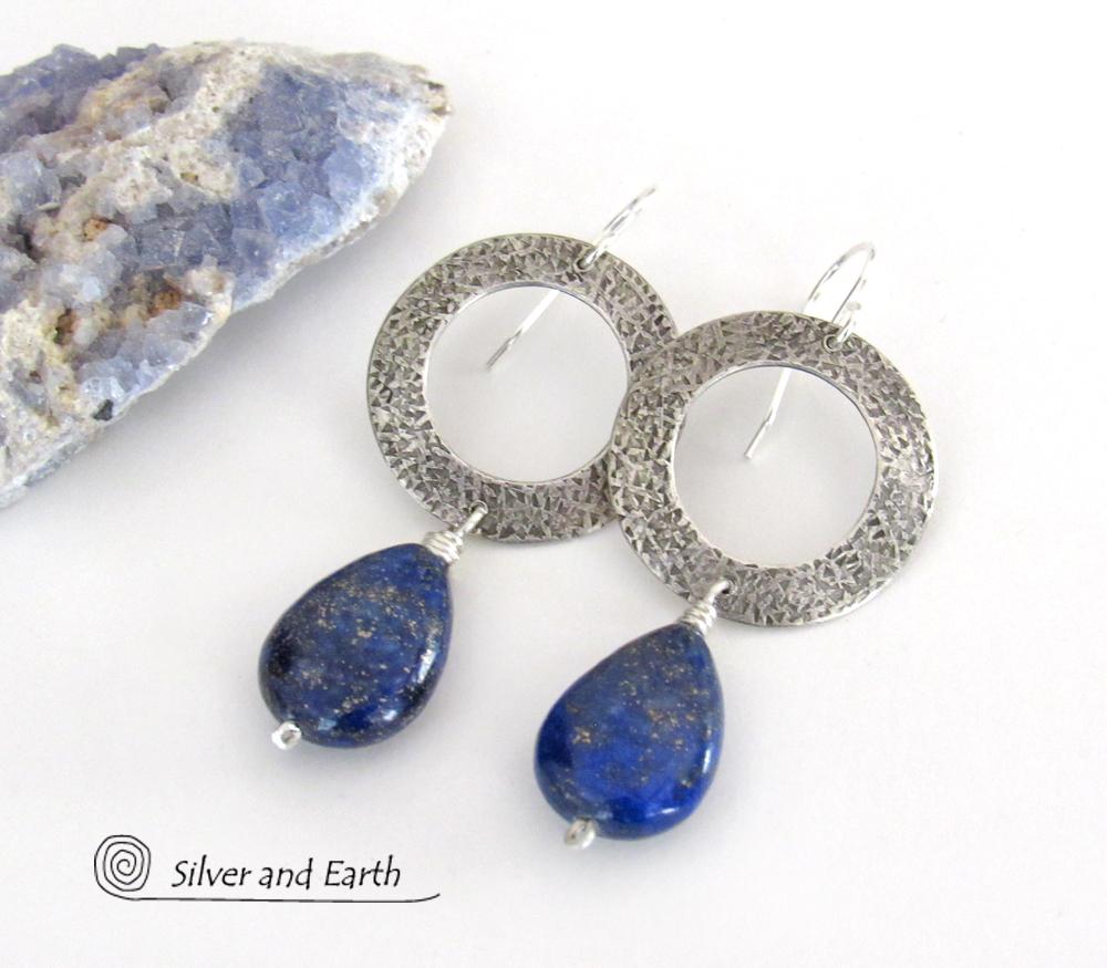 Modern Sterling Silver Earrings with Blue Lapis Lazuli Gemstones