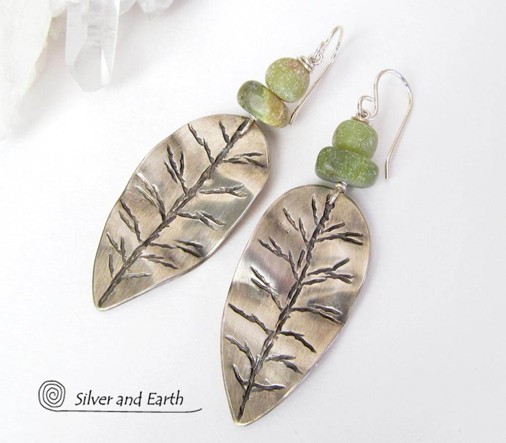 Sterling Silver Leaf Earrings with Green Jade Stones - Earthy Nature Jewelry