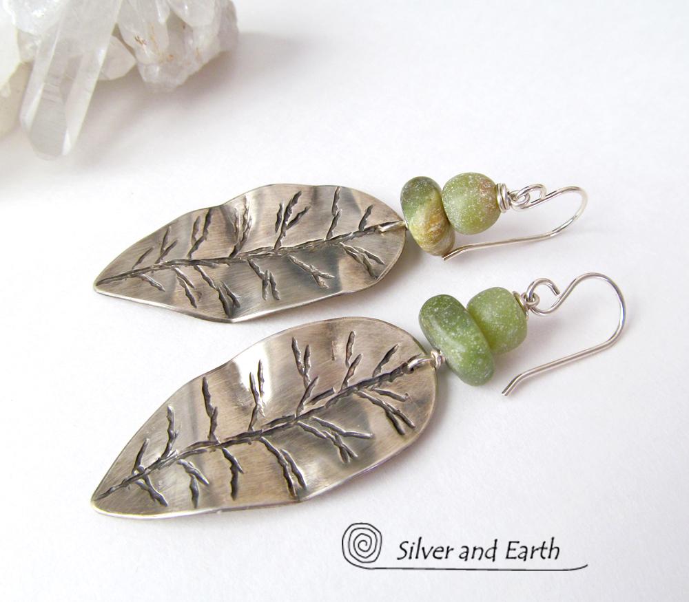 Sterling Silver Leaf Earrings with Green Jade Stones - Earthy Nature Jewelry