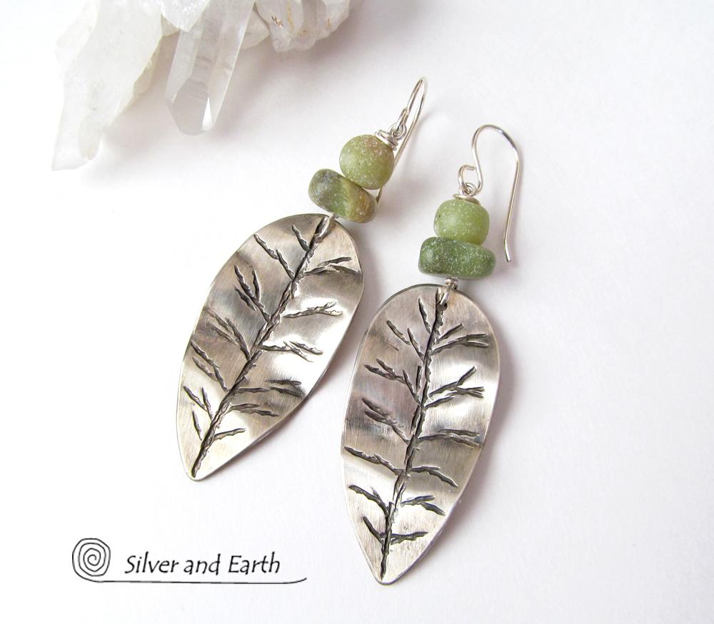 Sterling Silver Leaf Earrings with Green Jade Stones - Earthy Nature Jewelry