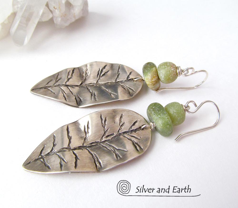 Sterling Silver Leaf Earrings with Green Jade Stones - Earthy Nature Jewelry