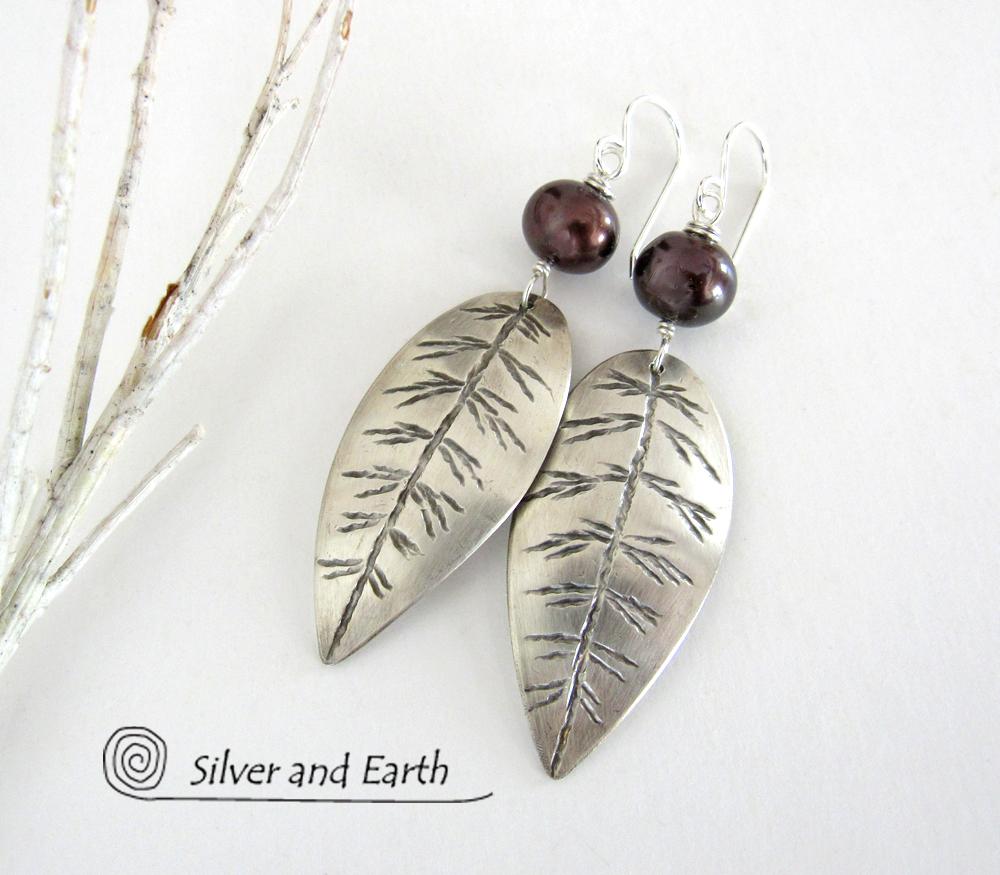 Sterling Silver Leaf Earrings with Bronze Pearls - Earthy Nature Jewelry