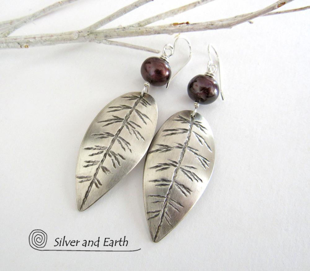 Sterling Silver Leaf Earrings with Bronze Pearls - Earthy Nature Jewelry
