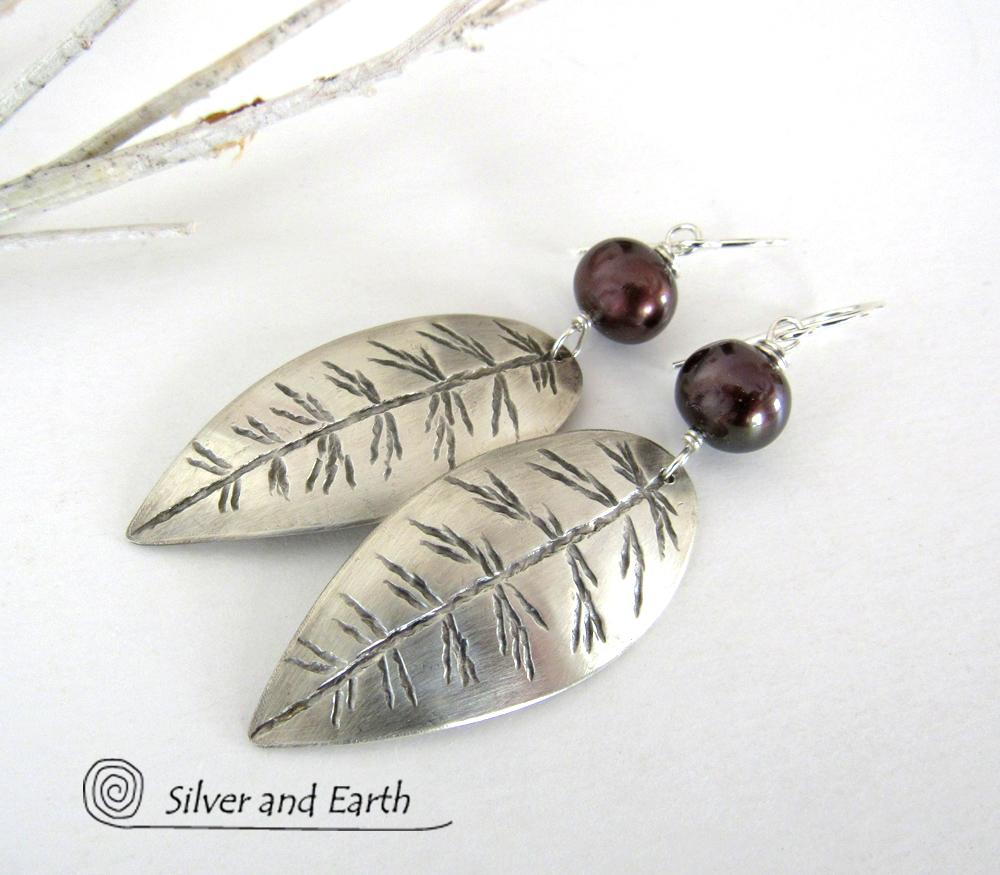 Sterling Silver Leaf Earrings with Bronze Pearls - Earthy Nature Jewelry