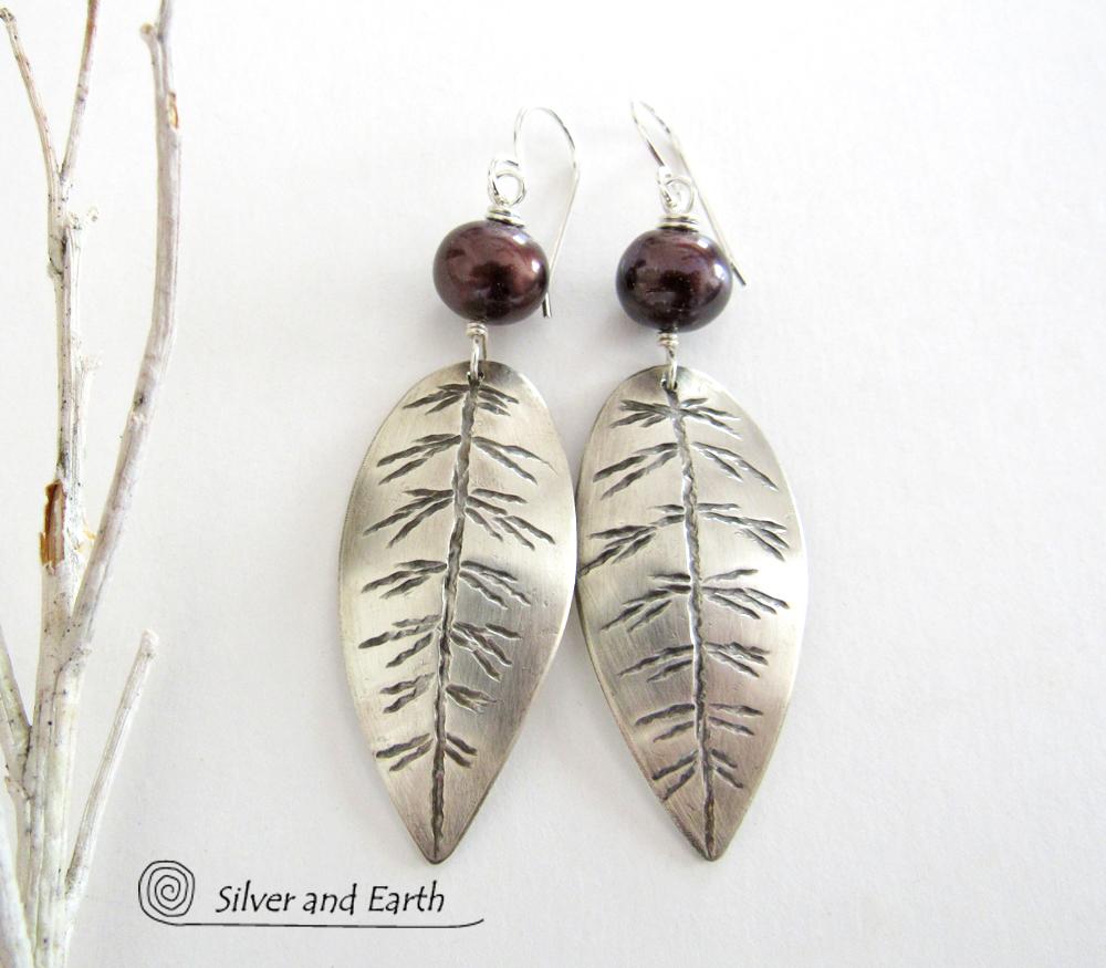 Sterling Silver Leaf Earrings with Bronze Pearls - Earthy Nature Jewelry