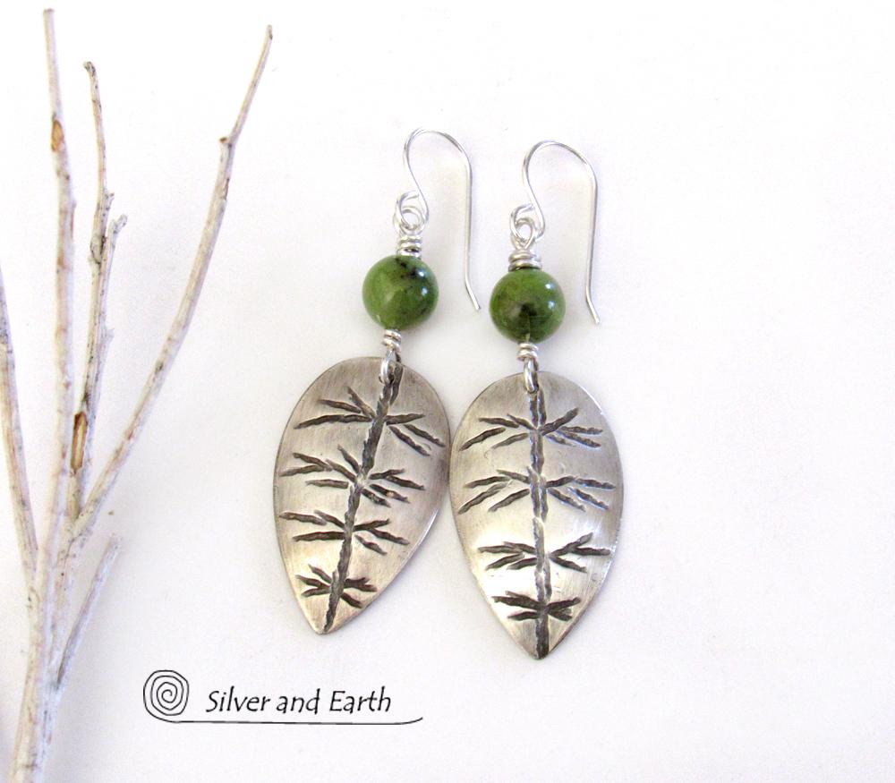 Sterling Silver Leaf Earrings with Green Jade Stones - Artisan Nature Jewelry