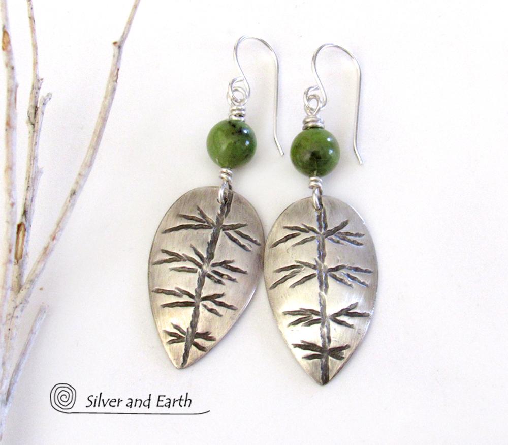 Sterling Silver Leaf Earrings with Green Jade Stones - Artisan Nature Jewelry