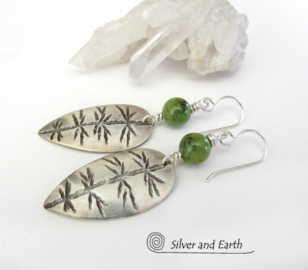 Sterling Silver Leaf Earrings with Green Jade Stones - Artisan Nature Jewelry