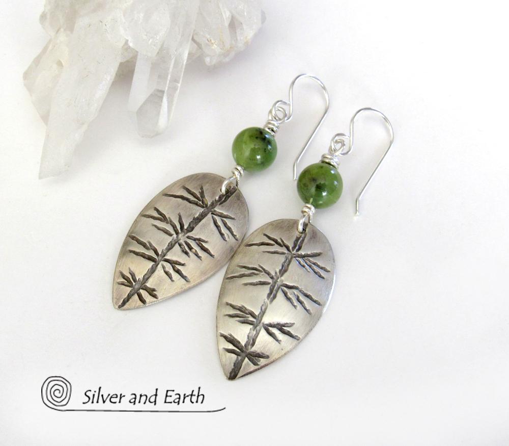 Sterling Silver Leaf Earrings with Green Jade Stones - Artisan Nature Jewelry