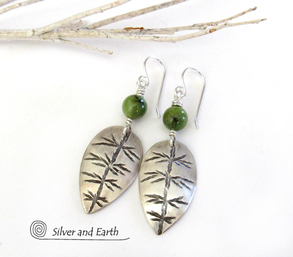 Sterling Silver Leaf Earrings with Green Jade Stones - Artisan Nature Jewelry