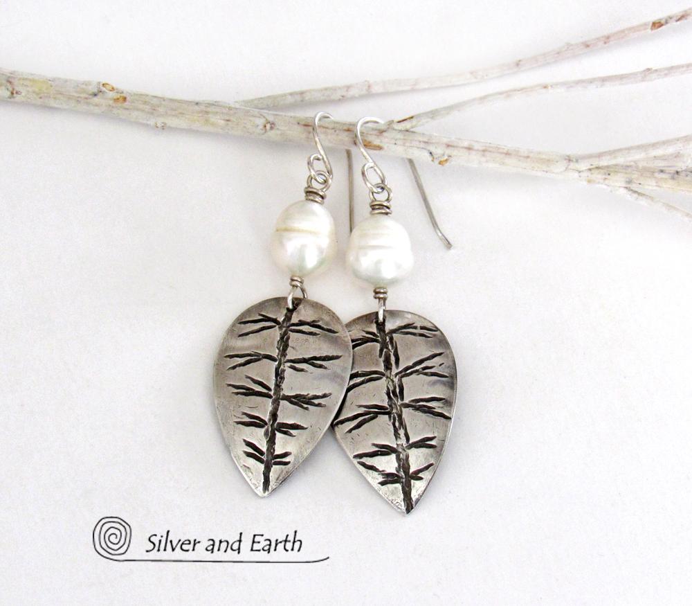 Sterling Silver Leaf Earrings with White Pearls - Modern Nature Jewelry