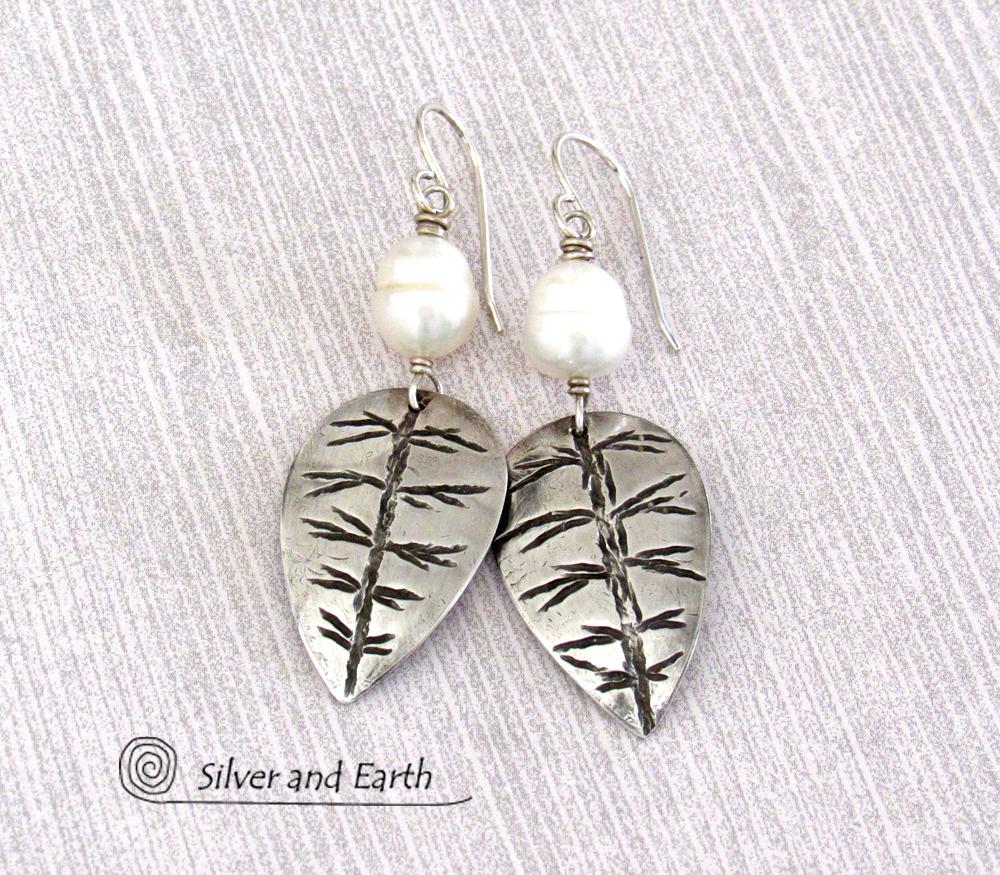 Sterling Silver Leaf Earrings with White Pearls - Modern Nature Jewelry