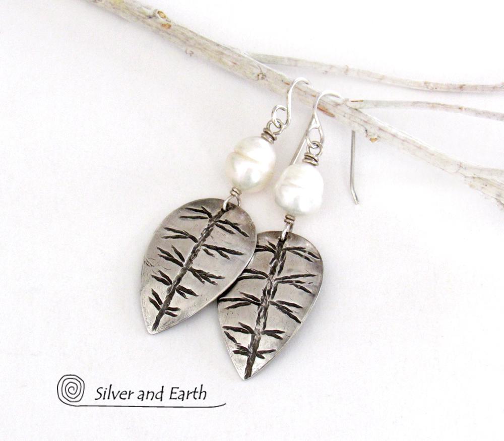 Sterling Silver Leaf Earrings with White Pearls - Modern Nature Jewelry