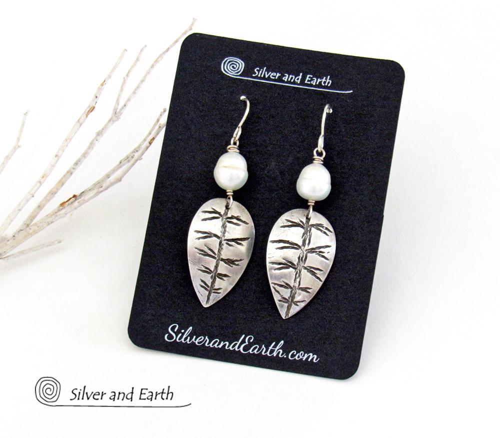 Sterling Silver Leaf Earrings with White Pearls - Modern Nature Jewelry