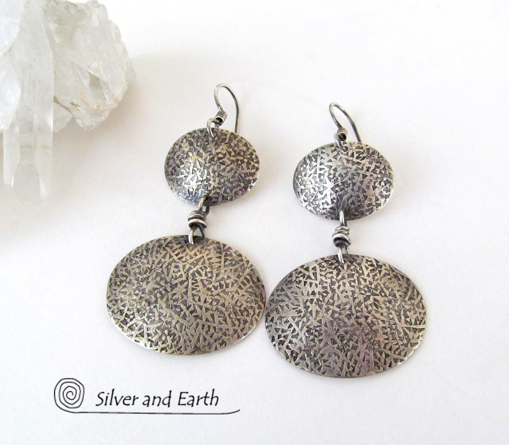 Textured Sterling Silver Double Dangle Earrings - Everyday Modern Silver Jewelry