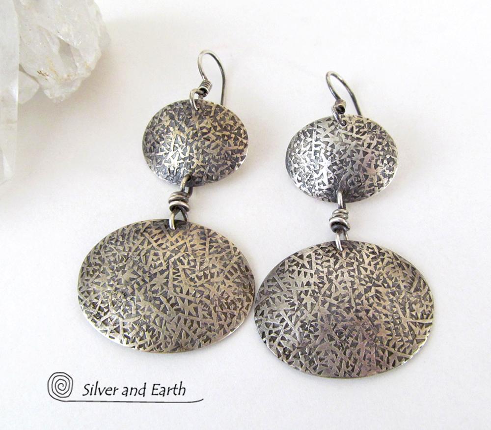 Textured Sterling Silver Double Dangle Earrings - Everyday Modern Silver Jewelry