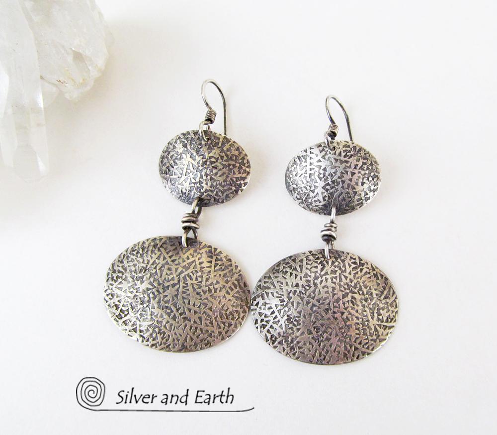 Textured Sterling Silver Double Dangle Earrings - Everyday Modern Silver Jewelry