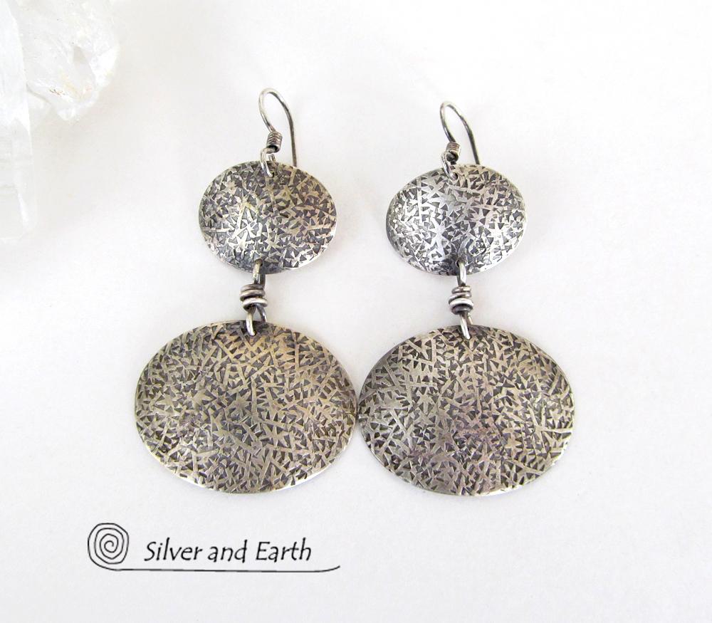 Textured Sterling Silver Double Dangle Earrings - Everyday Modern Silver Jewelry
