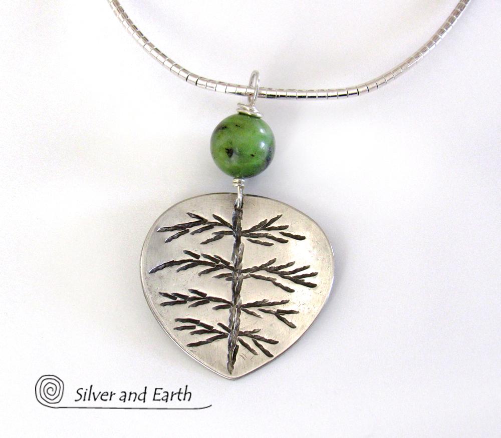 Sterling Silver Leaf Necklace with Green Jade Gemstone - Nature Inspired Jewelry