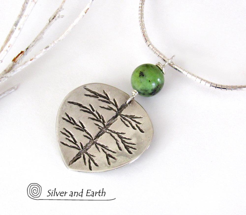 Sterling Silver Leaf Necklace with Green Jade Gemstone - Nature Inspired Jewelry