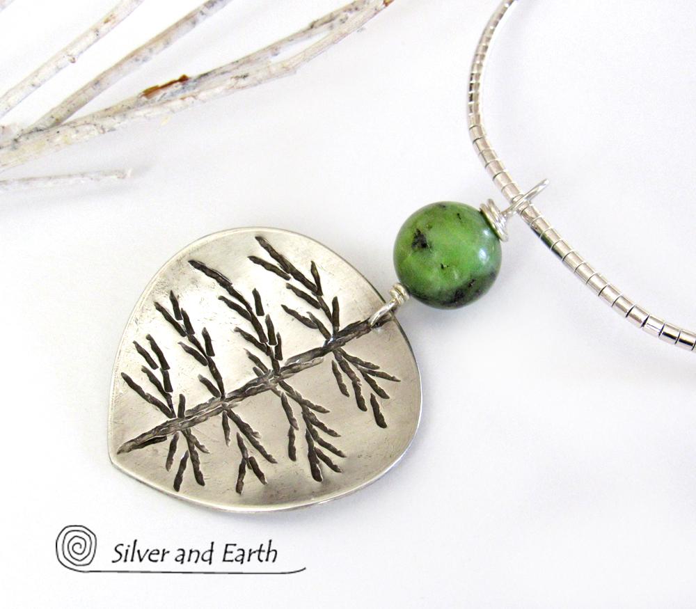 Sterling Silver Leaf Necklace with Green Jade Gemstone - Nature Inspired Jewelry