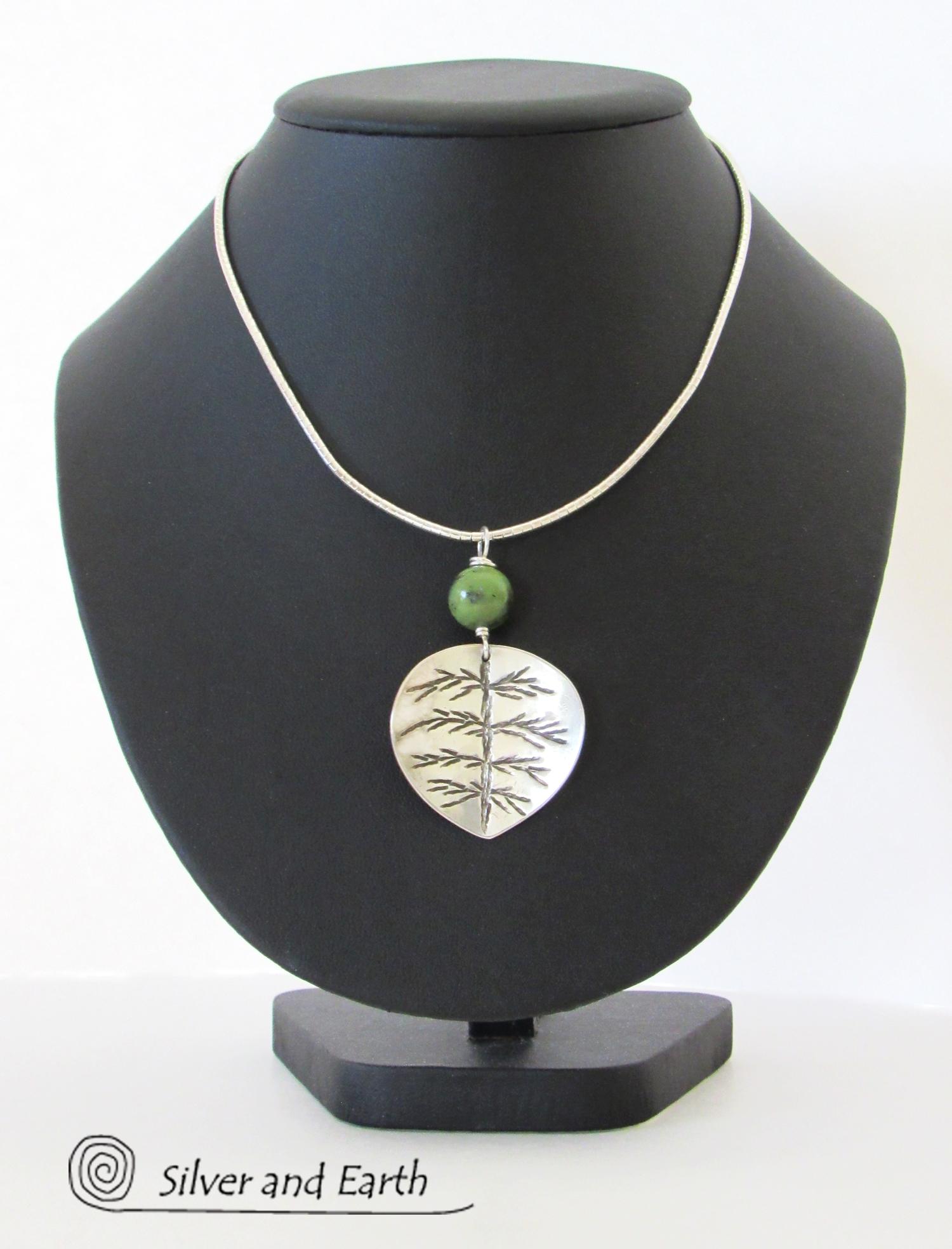 Sterling Silver Leaf Necklace with Green Jade Gemstone - Nature Inspired Jewelry