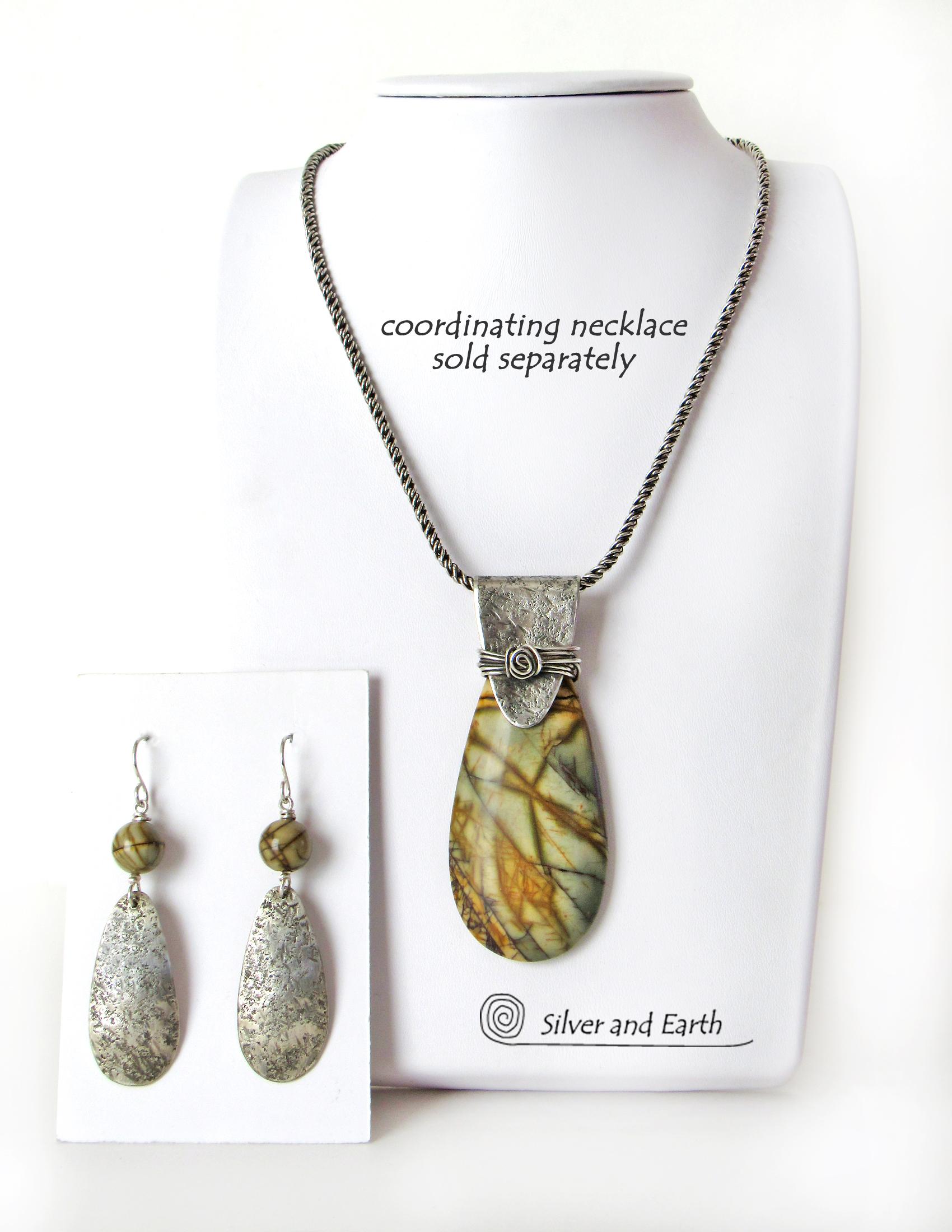 Sterling Silver Dangle Earrings with Jasper Stones - Modern Earthy Jewelry