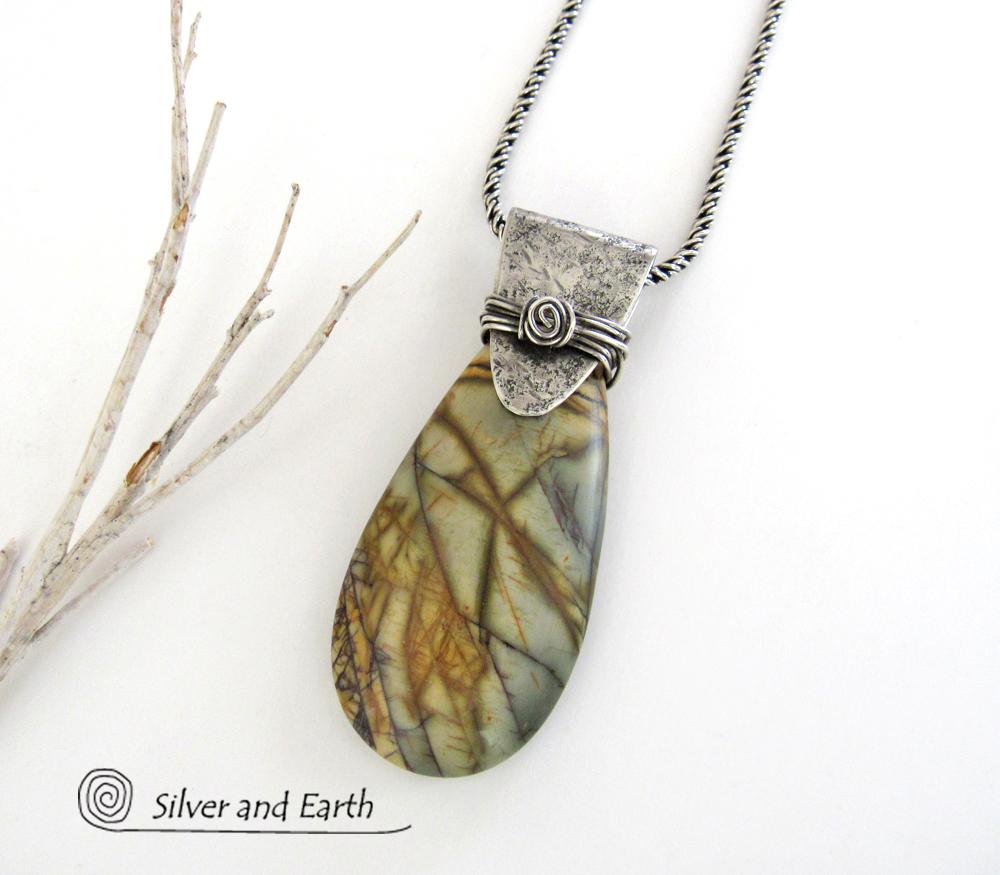 Picasso Jasper Sterling Silver Pendant Necklace - Natural Stone Jewelry