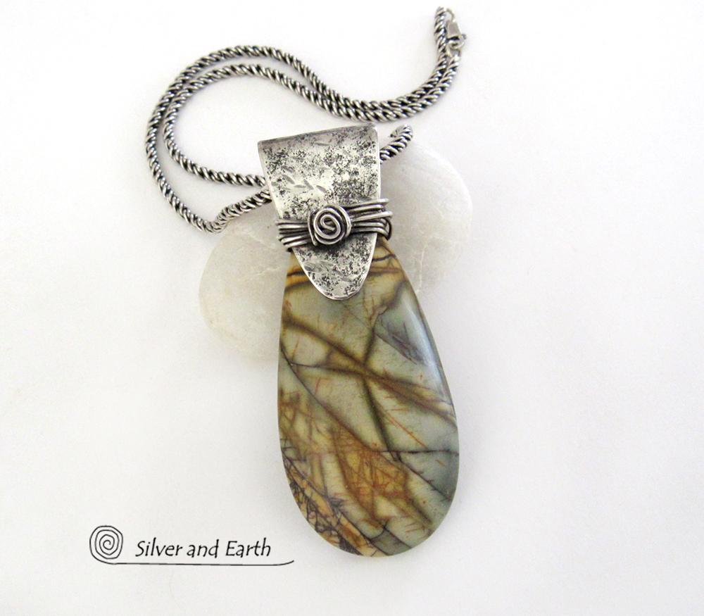 Picasso Jasper Sterling Silver Pendant Necklace - Natural Stone Jewelry