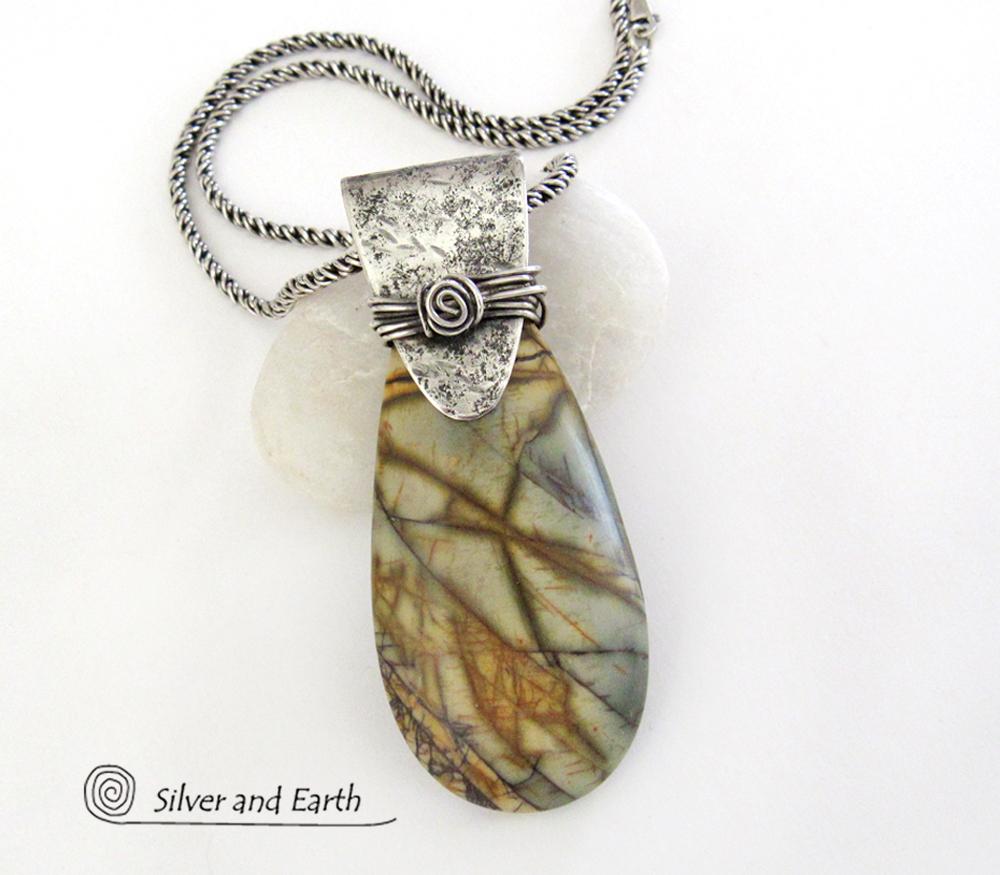 Picasso Jasper Sterling Silver Pendant Necklace - Natural Stone Jewelry