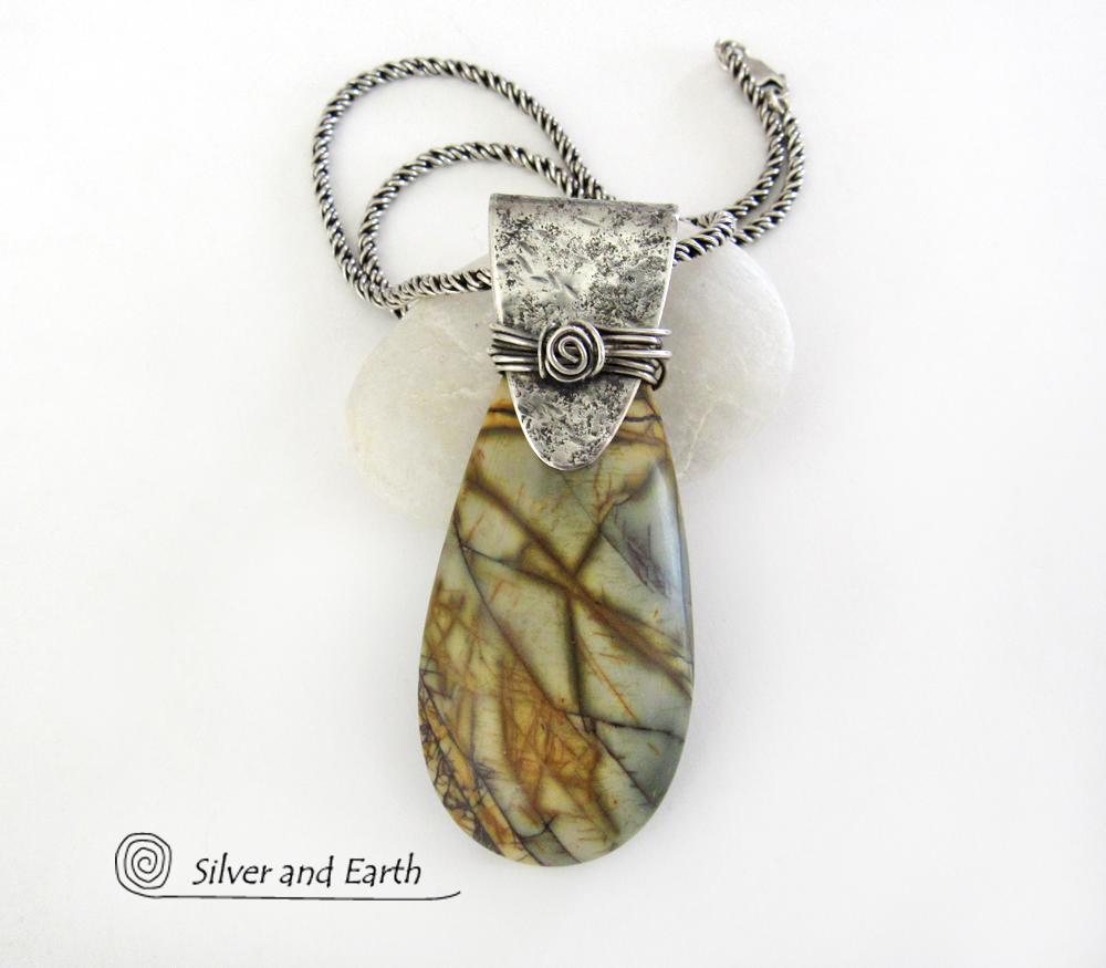 Picasso Jasper Sterling Silver Pendant Necklace - Natural Stone Jewelry