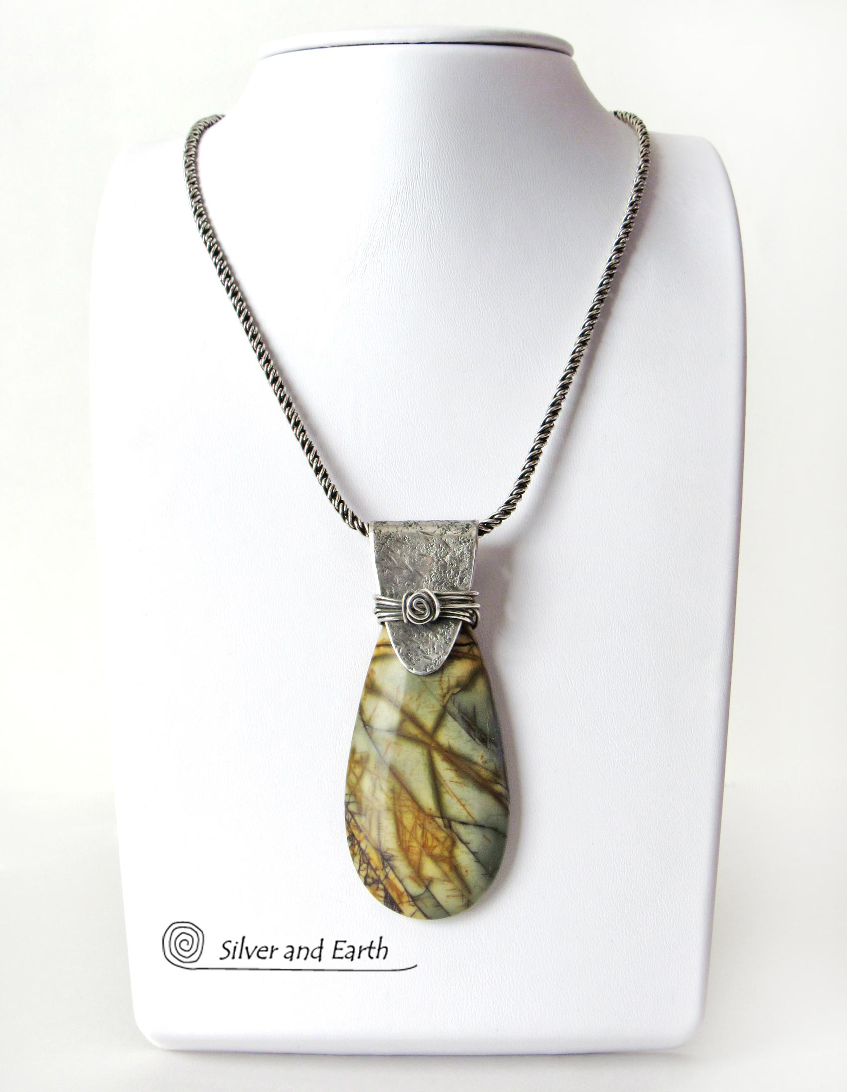 Picasso Jasper Sterling Silver Pendant Necklace - Natural Stone Jewelry