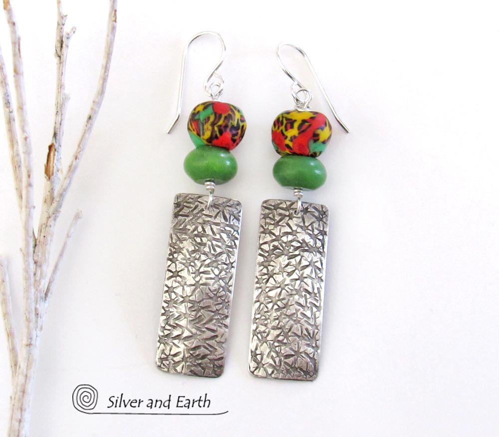 Sterling Silver Earrings with African Glass Beads & Green Serpentine Stones - Co