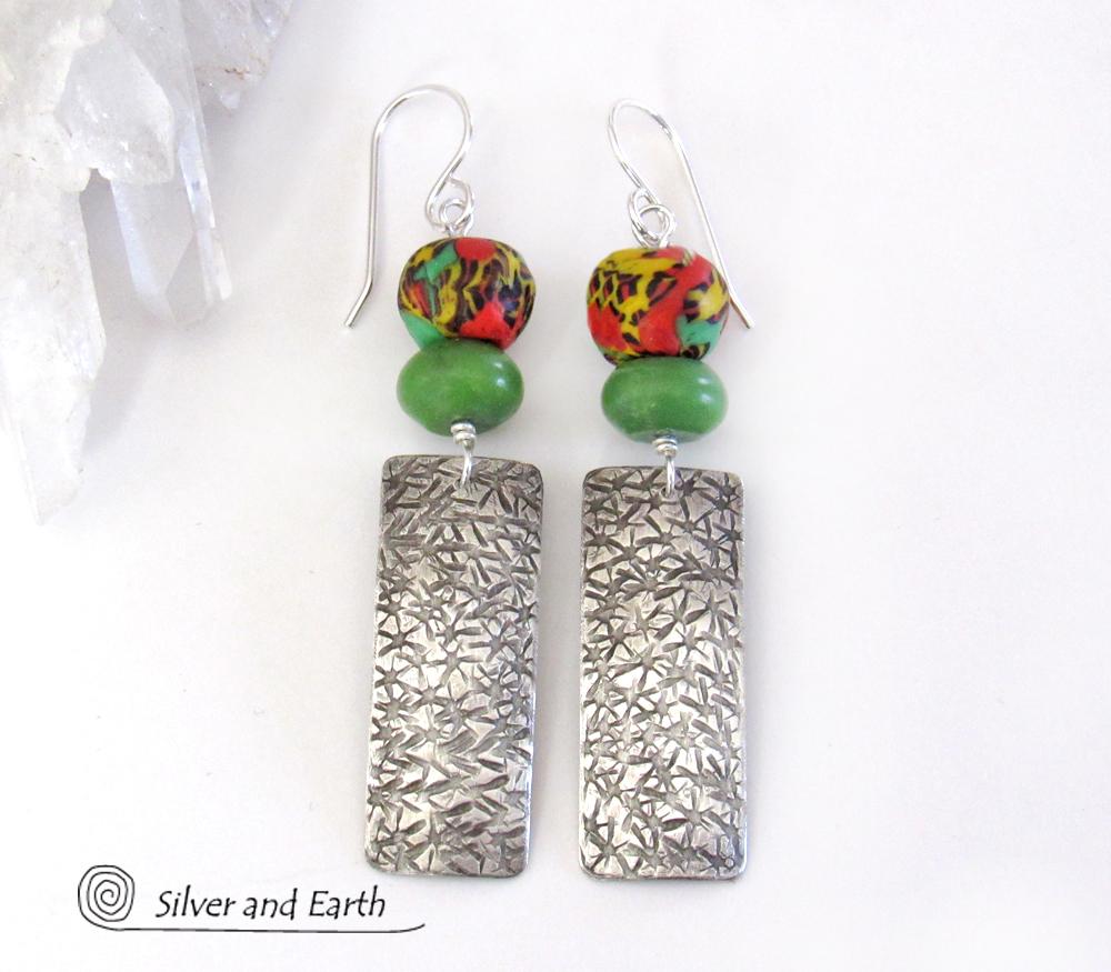 Sterling Silver Earrings with African Glass Beads & Green Serpentine Stones