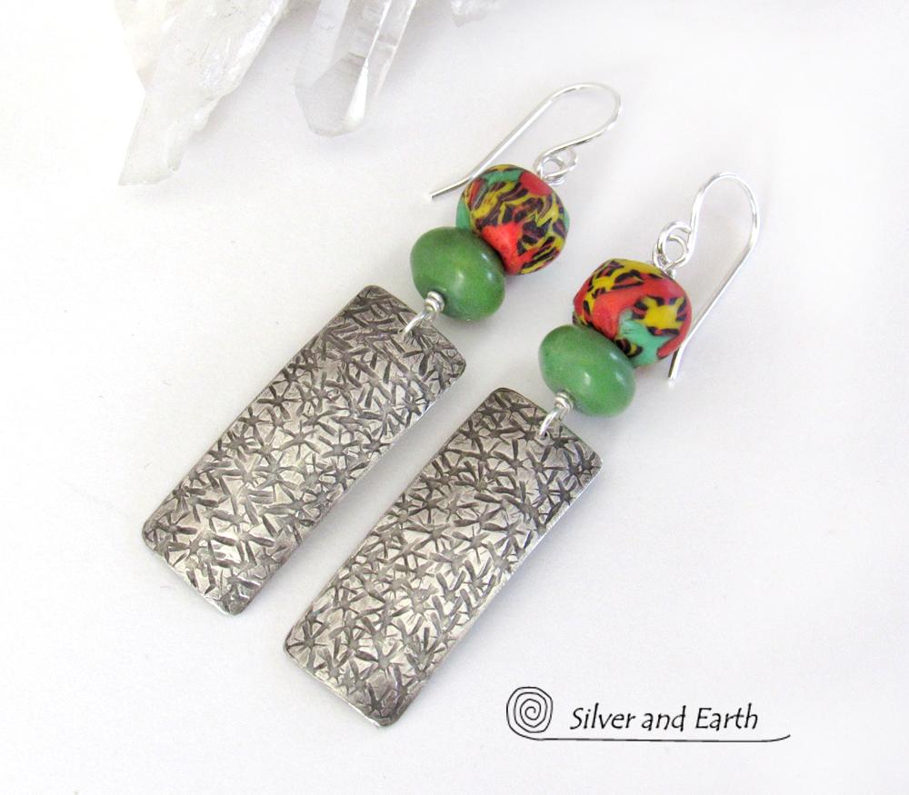 Sterling Silver Earrings with African Glass Beads & Green Serpentine Stones - Co