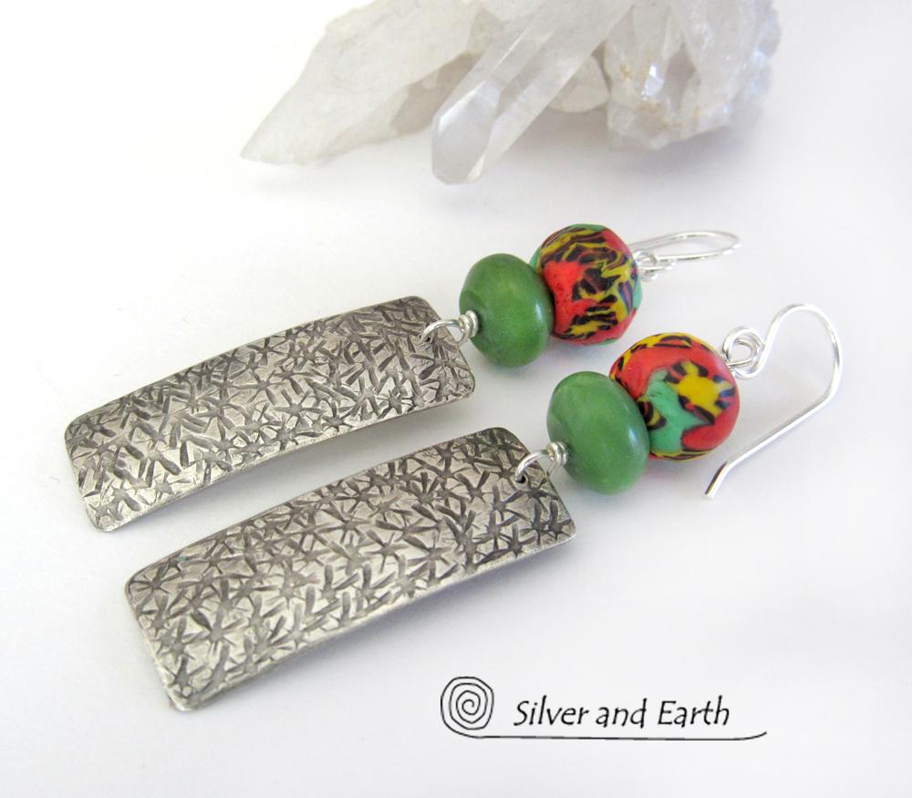 Sterling Silver Earrings with African Glass Beads & Green Serpentine Stones - Co