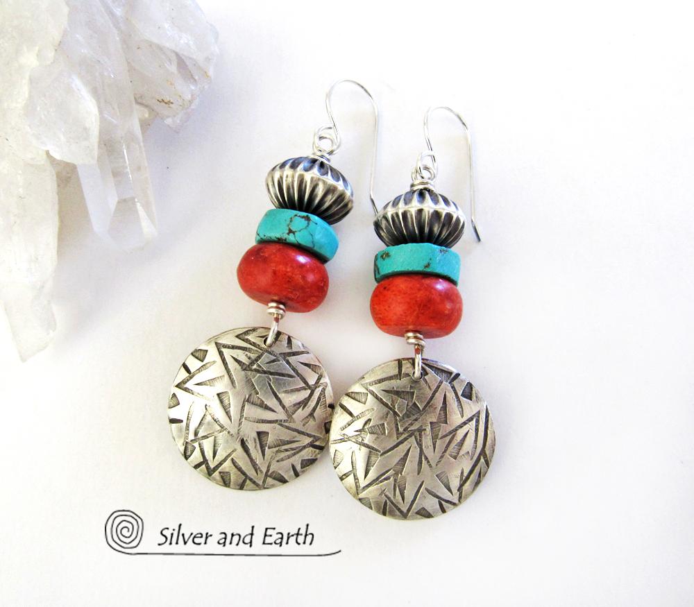 Sterling Silver Earrings with Turquoise & Red Coral - Modern Southwest Jewelry