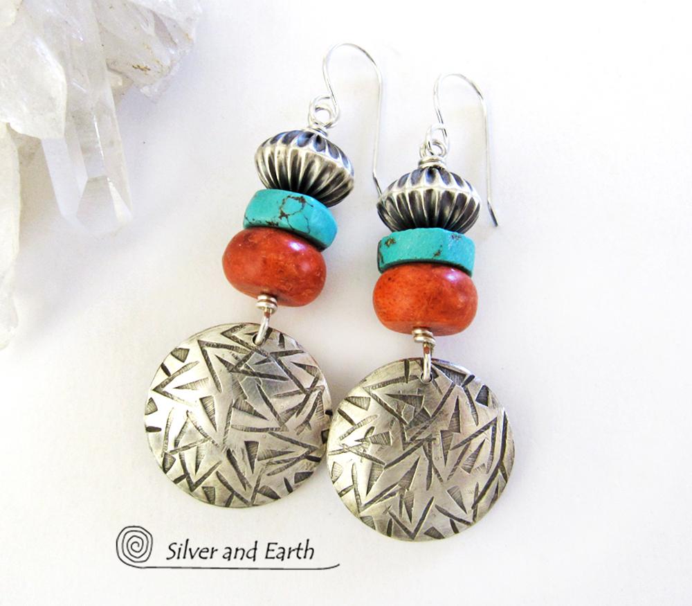Sterling Silver Earrings with Turquoise & Red Coral - Modern Southwest Jewelry