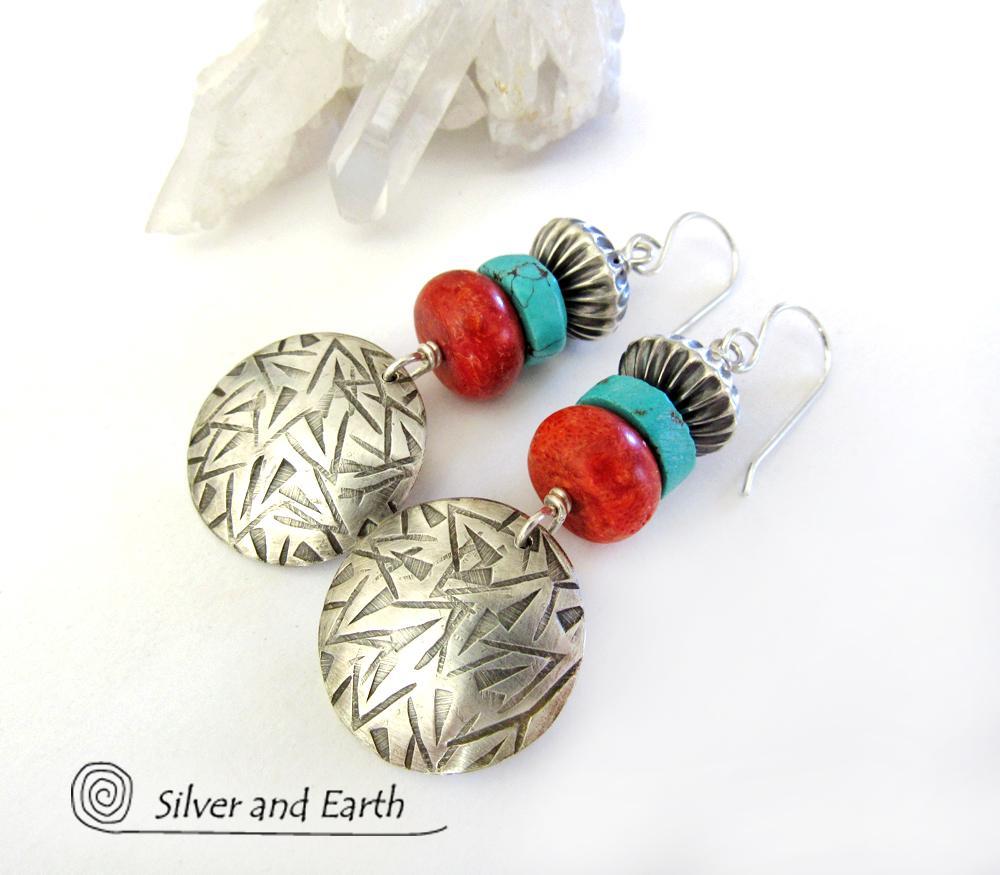 Sterling Silver Earrings with Turquoise & Red Coral - Modern Southwest Jewelry