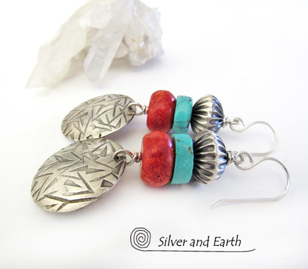 Sterling Silver Earrings with Turquoise & Red Coral - Modern Southwest Jewelry