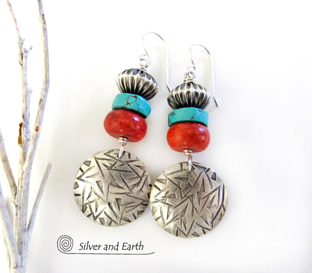 Sterling Silver Earrings with Turquoise & Red Coral - Modern Southwest Jewelry