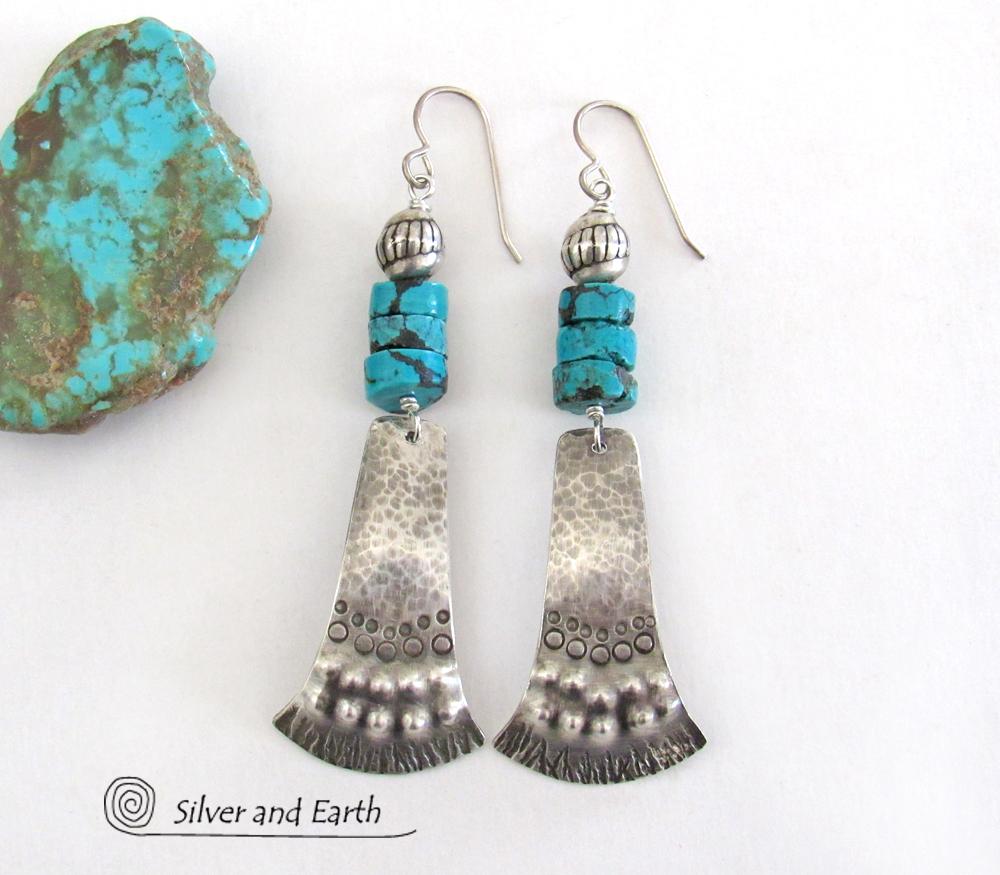 Sterling Silver Tribal Earrings with Turquoise - Unique Bold Southwest Jewelry
