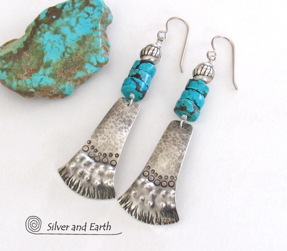 Sterling Silver Tribal Earrings with Turquoise - Unique Bold Southwest Jewelry