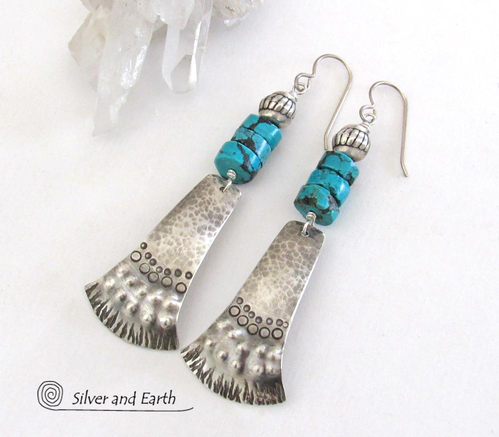 Sterling Silver Tribal Earrings with Turquoise - Unique Bold Southwest Jewelry