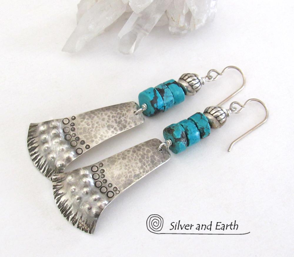Sterling Silver Tribal Earrings with Turquoise - Unique Bold Southwest Jewelry