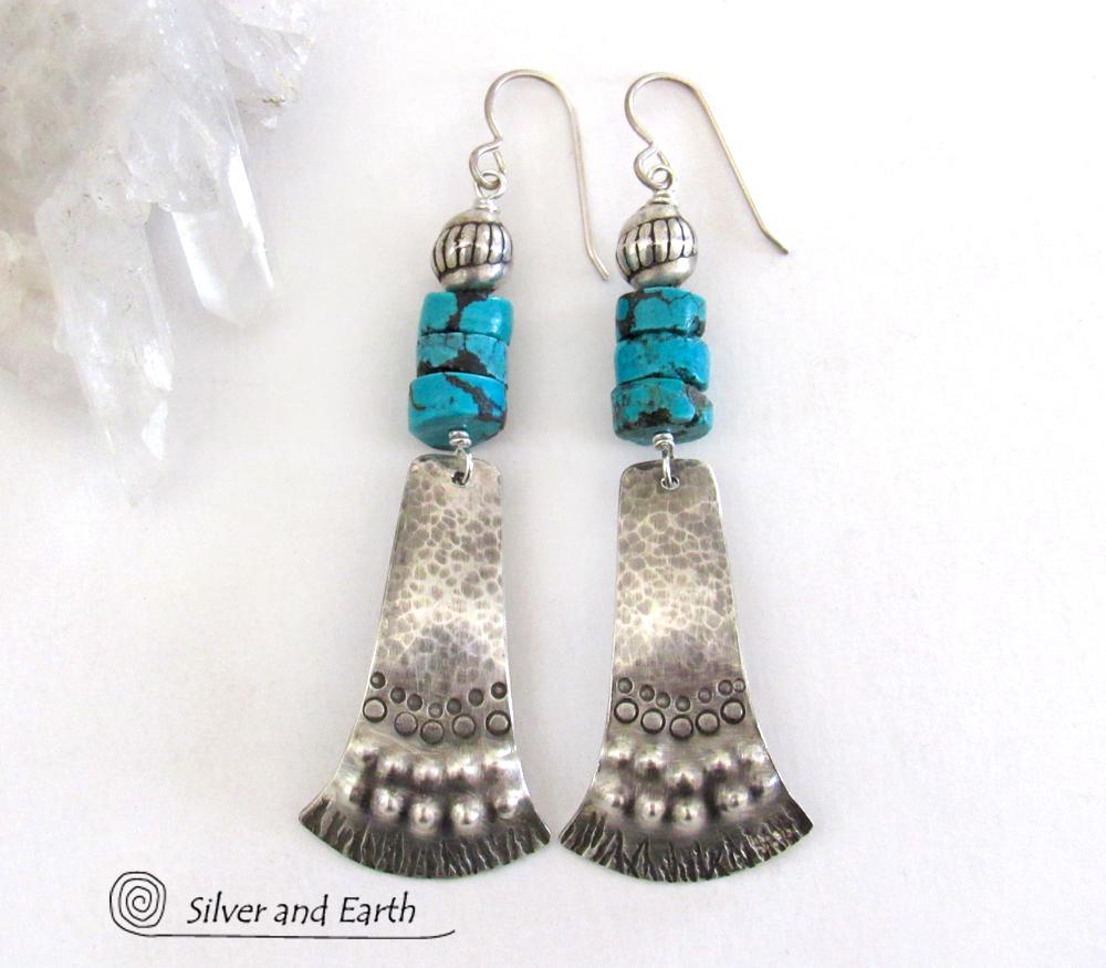 Sterling Silver Tribal Earrings with Turquoise - Unique Bold Southwest Jewelry