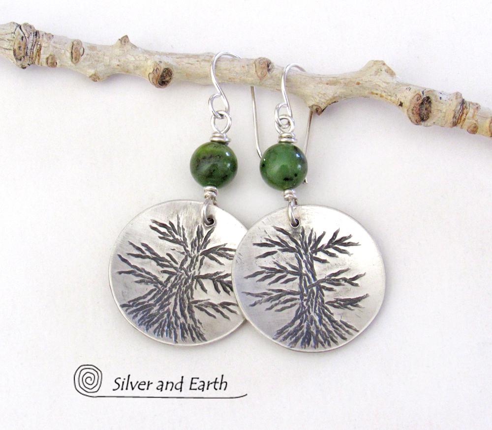 Sterling Silver Tree Earrings with Green Jade - Tree of Life Nature Jewelry